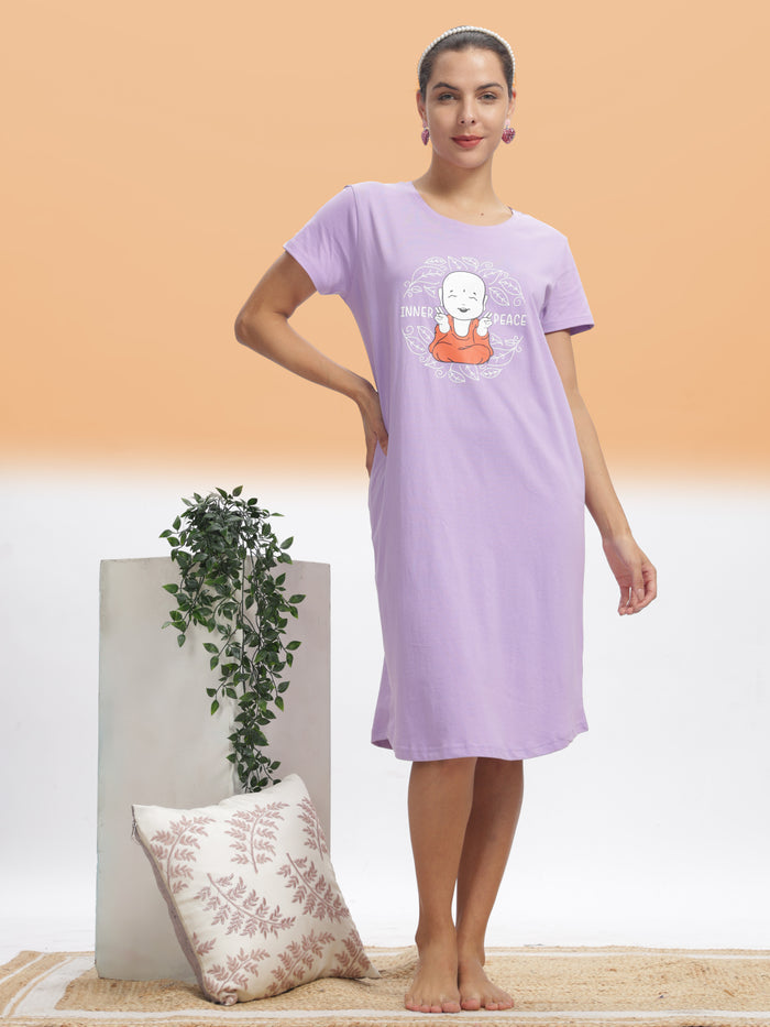 Lilac Plus Size Short Nighty For Women in Hosiery Cotton