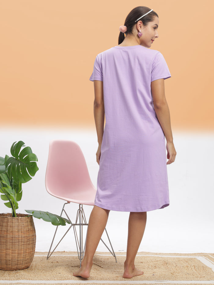 Lilac Plus Size Short Nighty For Women in Hosiery Cotton