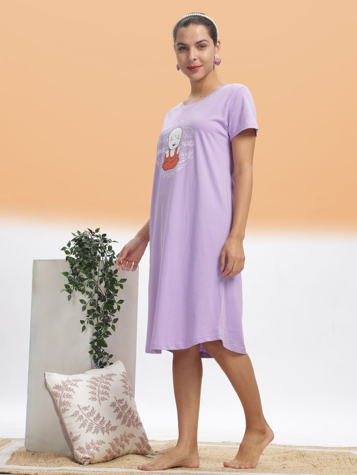 Lilac Plus Size Short Nighty For Women in Hosiery Cotton