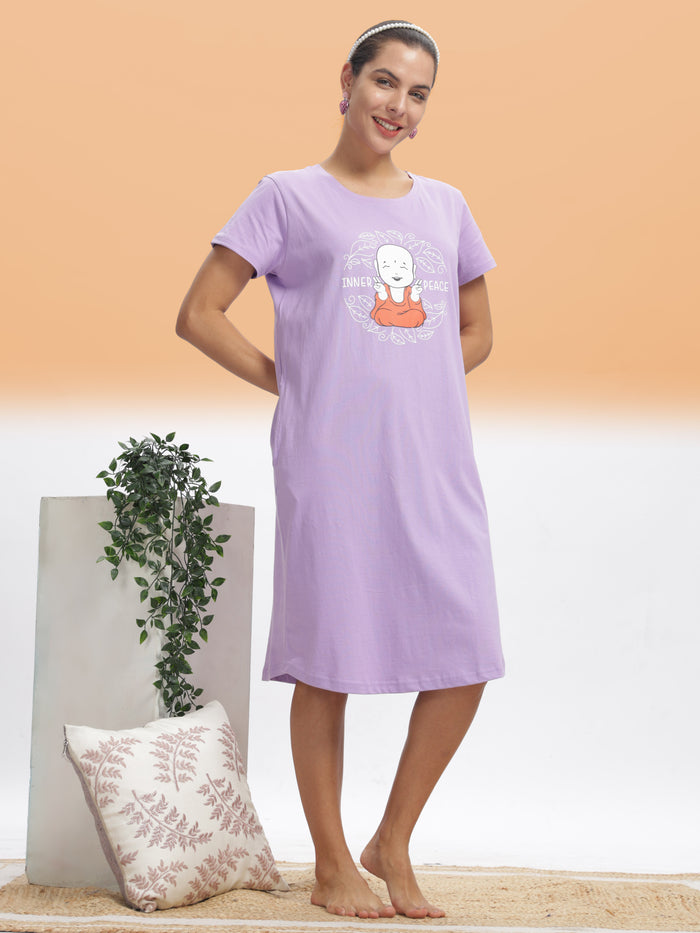 Lilac Plus Size Short Nighty For Women in Hosiery Cotton