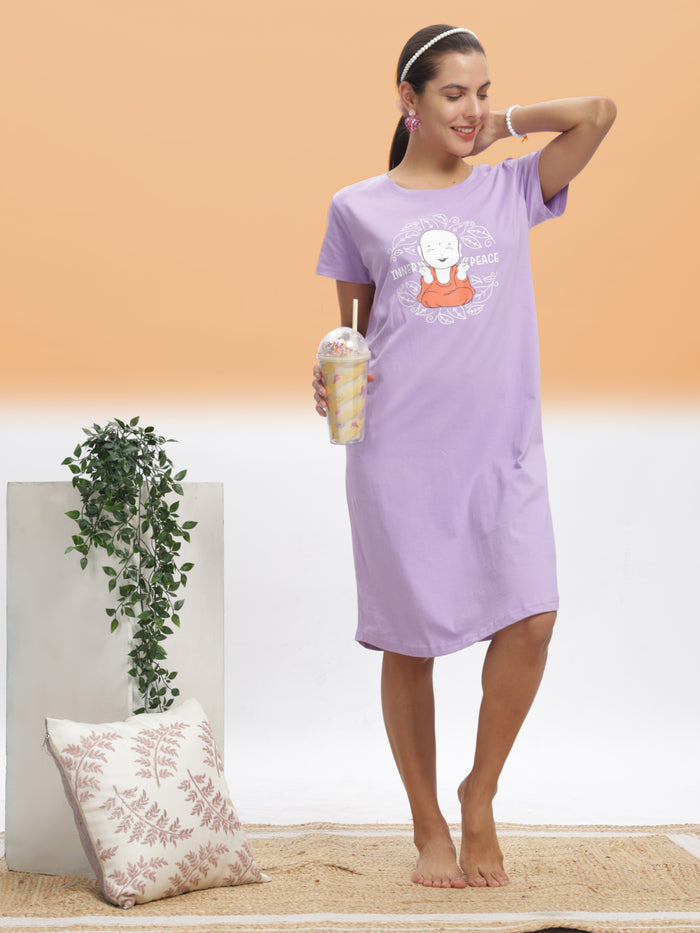 Lilac Plus Size Short Nighty For Women in Hosiery Cotton