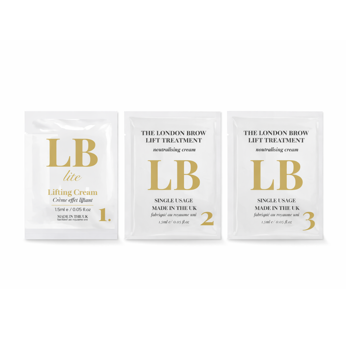 Three packages of The London Brow Lift Treatment with LB branding on a white background