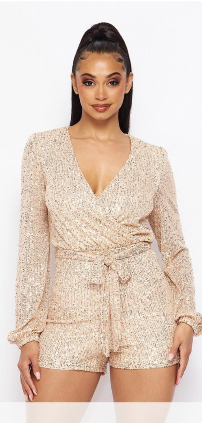 Long sleeved Sequin Romper with Self Tie Belt