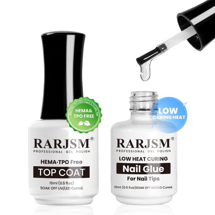 RARJSM Low Heat Curing Nail Glue Gel and HEMA TPO Free Top Coat Set 15ml 2pcs - Low Curing Heat Badge EU Certified Vegan Cruelty Free