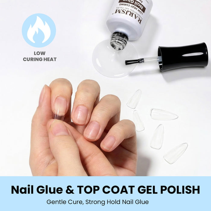 RARJSM Nail Glue and Top Coat Gel Polish Set - Low Curing Heat Gentle Cure Strong Hold Nail Glue for Nail Tips 15ml