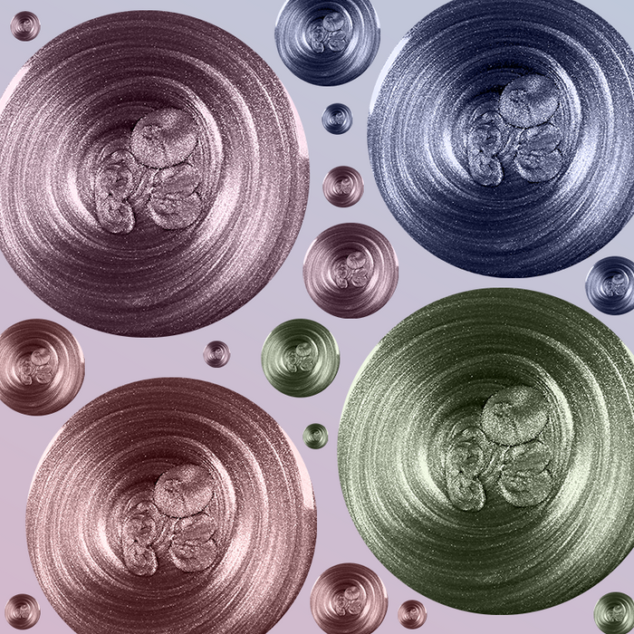 Magnetic Polish Set swirls showing bronze, jade, sapphire, and lavender velvet polishes with metallic shimmer effects