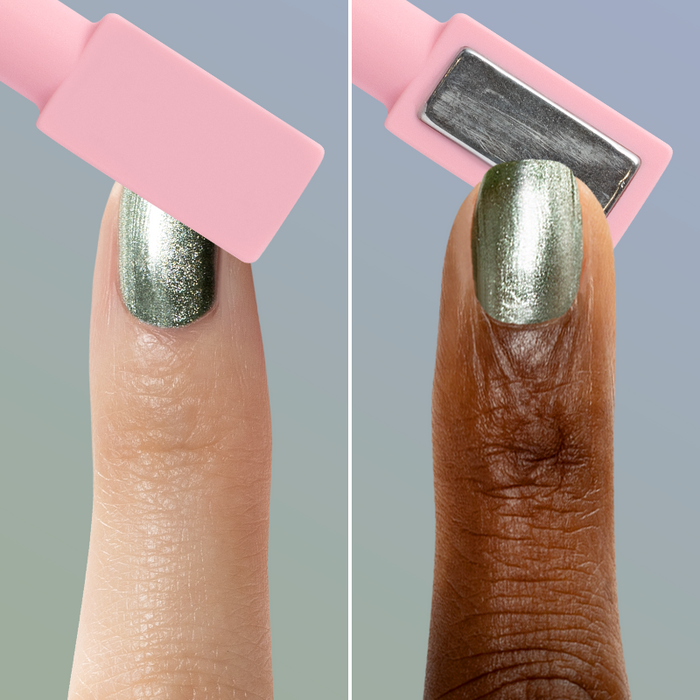 Magnetic Polish Set showing two fingers with metallic green polish and a pink magnetic wand for nail manicure effects