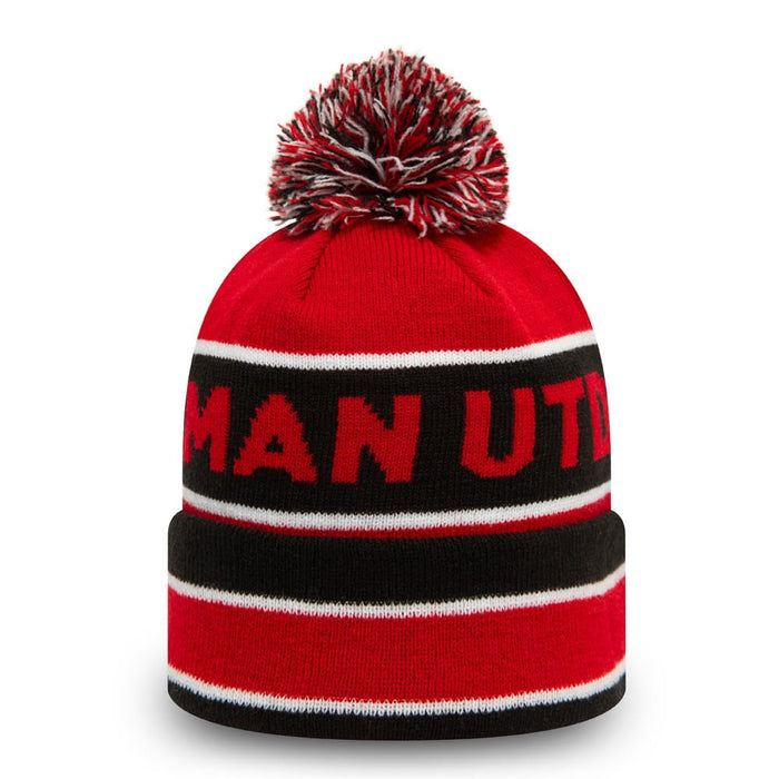 This is a Manchester United Striped Red Multi Bobble Beanie Hat 2