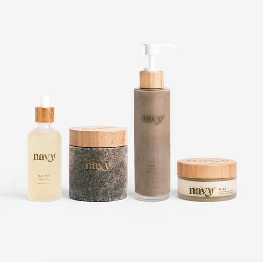 Navy Skin Range, carefully developed to nourish both hands and feet. Cleanse, Tea Scrub, Mask & Balm