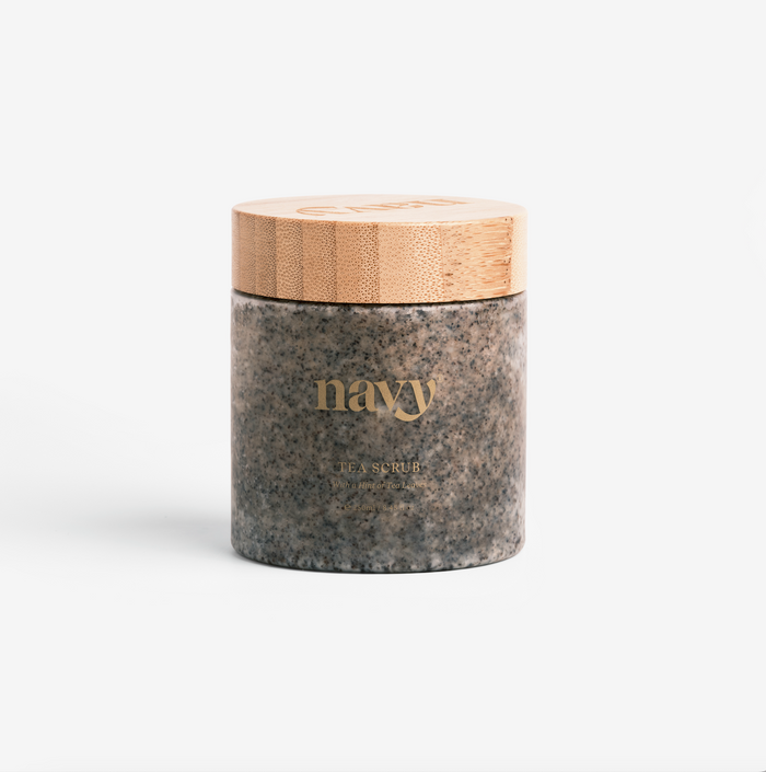 Tea scrub, jar wooden lid with Navy Logo. natural exfoliator specifically formulated for the hands and feet.
