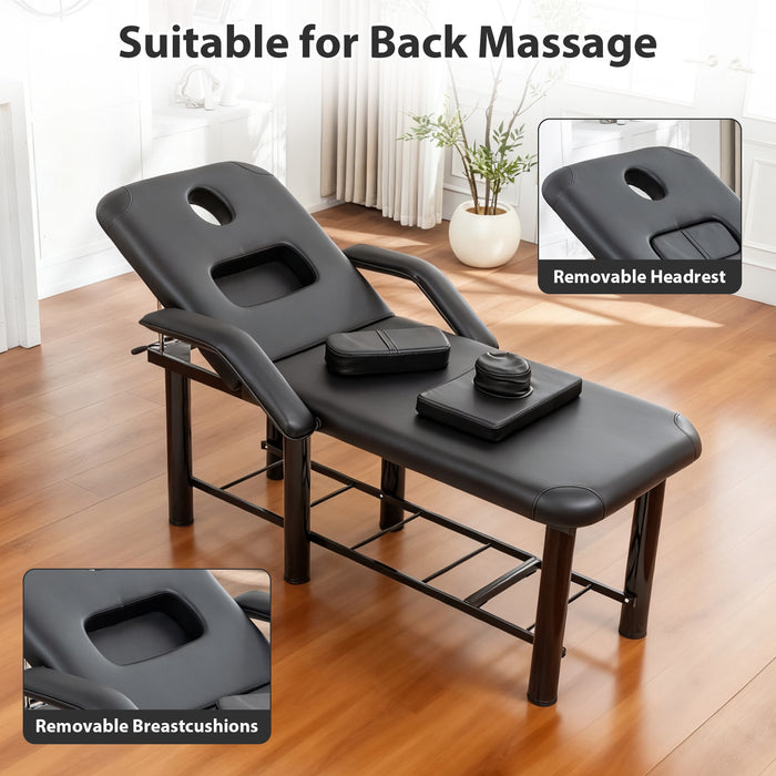 Massage & Facial Table with Face Cradle, Armrests & Storage Shelf Black
