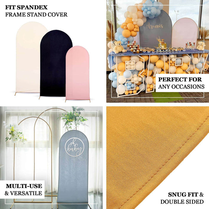 Spandex frame stand covers in pink, black, and beige for versatile event decor.