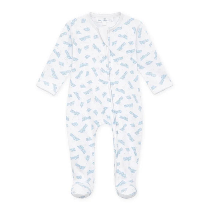 MB Choo Choo Train Print Zip Footie-Lt. Blue
