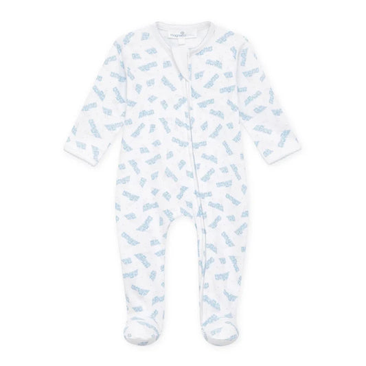 MB Choo Choo Train Print Zip Footie-Lt. Blue