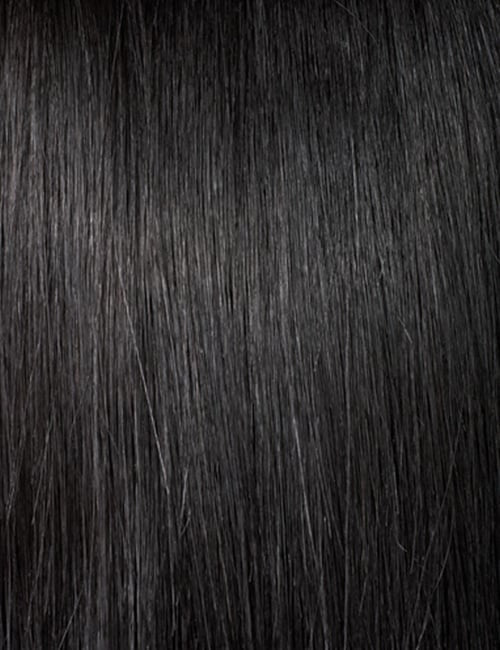 OUTRE straight black wig close up showing smooth glossy strands and natural part melted hairline lace front wig
