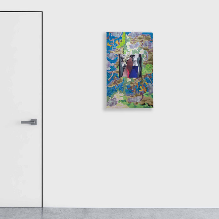 The artwork 'Memento' by Winnie Sidharta features an abstract collage composition combining watercolor and paper elements. A central dark purple geometric form is surrounded by vibrant splashes of blue and lime green, with textural paper elements creating depth and movement across the canvas. The mixed media piece showcases a dynamic interplay of colors and textures on paper stretched over wooden bars.