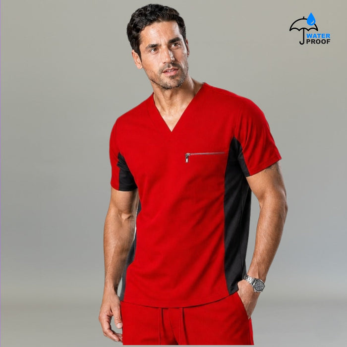 Mens red and black 501 scrub top with V-neck, zip chest pocket and contrast side panels, angled view - SFORME