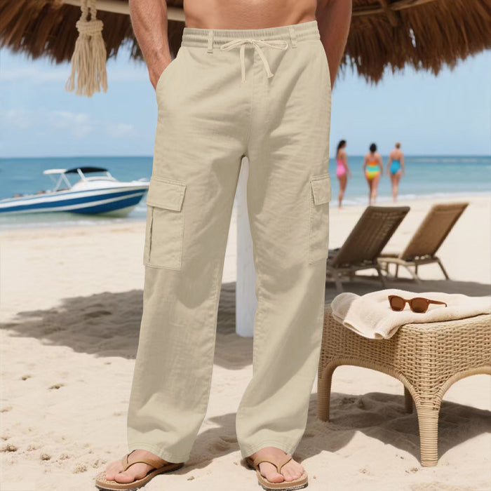 Men's Workwear Linen Drawstring Pants With Multiple Pockets And Straight Leg