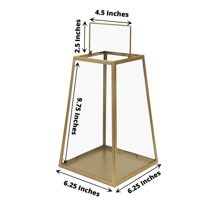 Gold geometric lantern with measurements, cutout on white background.
