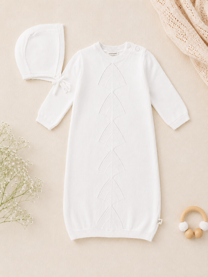 Milan Dove White Pointelle Knit Baby Sleep Gown and Hat Set, Organic Cotton by Viverano