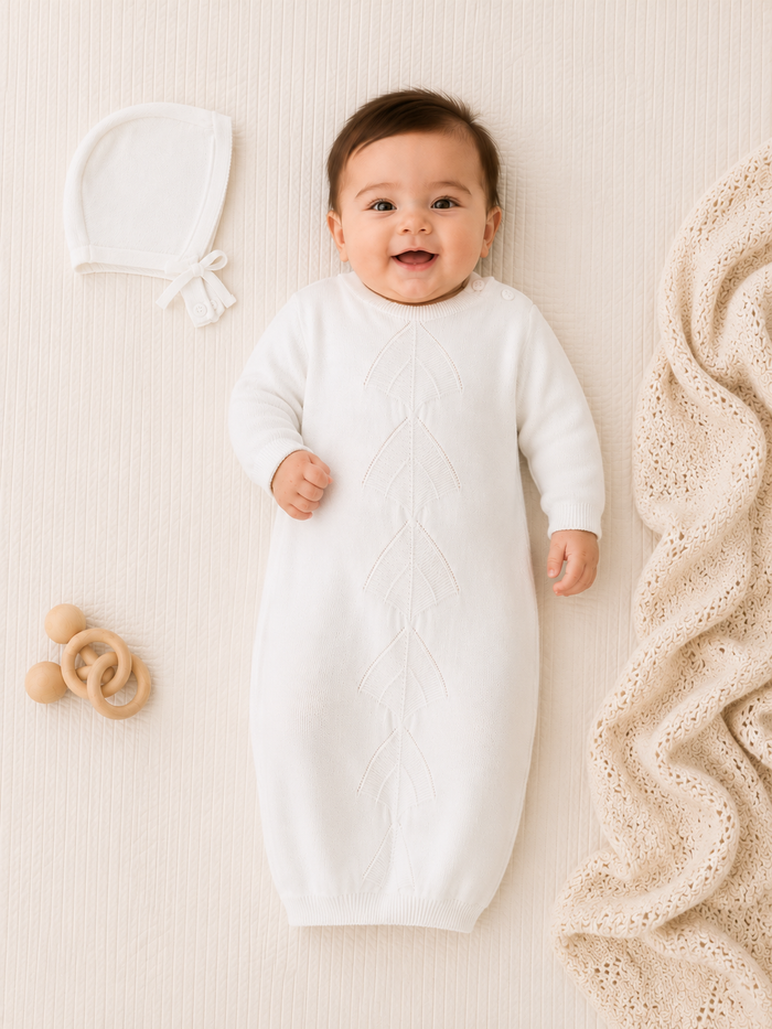 Baby in Milan Dove White Pointelle Knit Baby Sleep Gown and Hat Set, Organic Cotton by Viverano