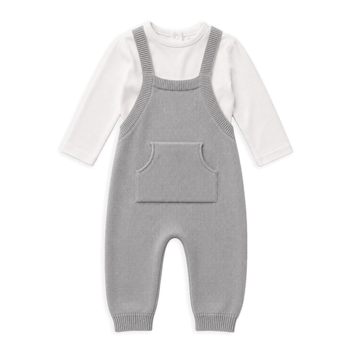 Milan Knit Kangaroo Pocket Overall Romper and Bodysuit Set, Grey