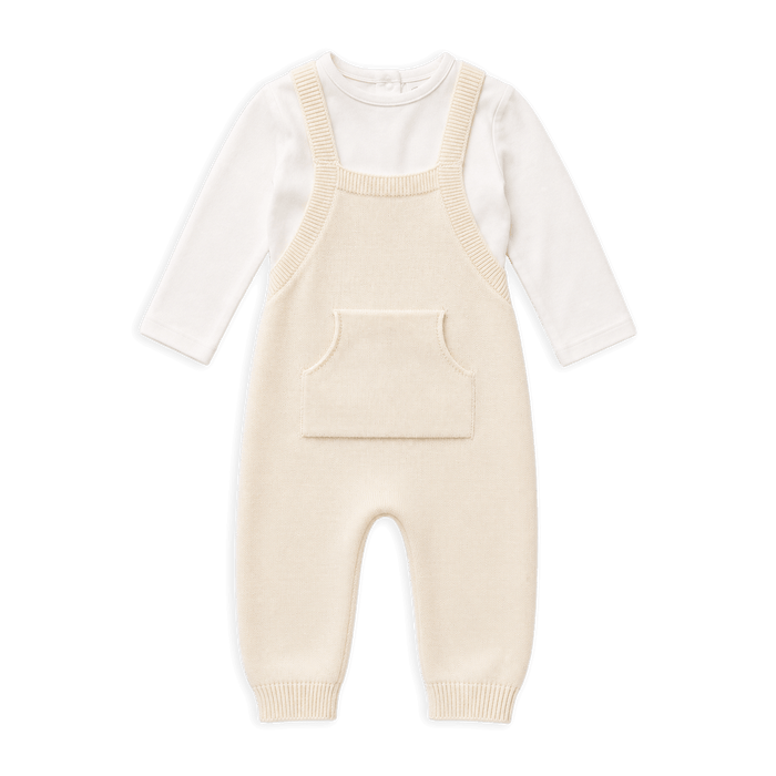 Milan Knit Kangaroo Pocket Overall Romper and Bodysuit Set, Cream