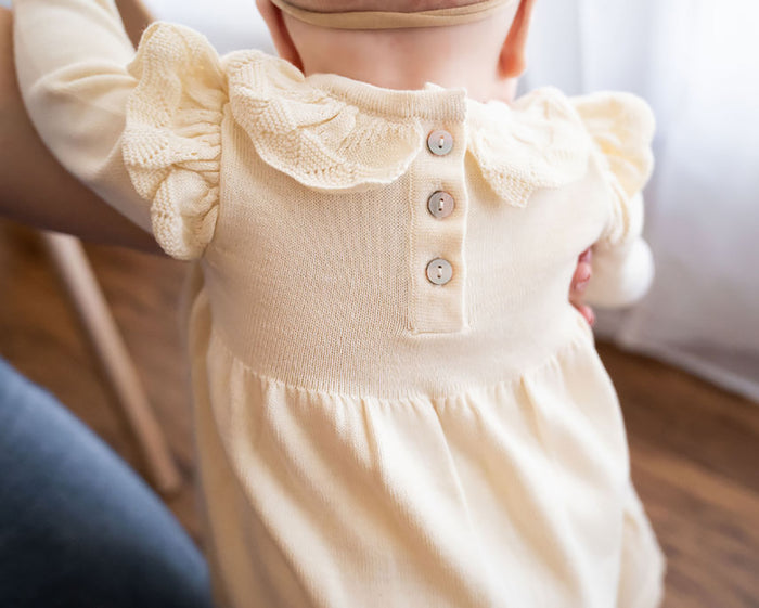 Milan Ruffle Collar Pointelle Knit Baby Sweater Dress (Organic Cotton)
