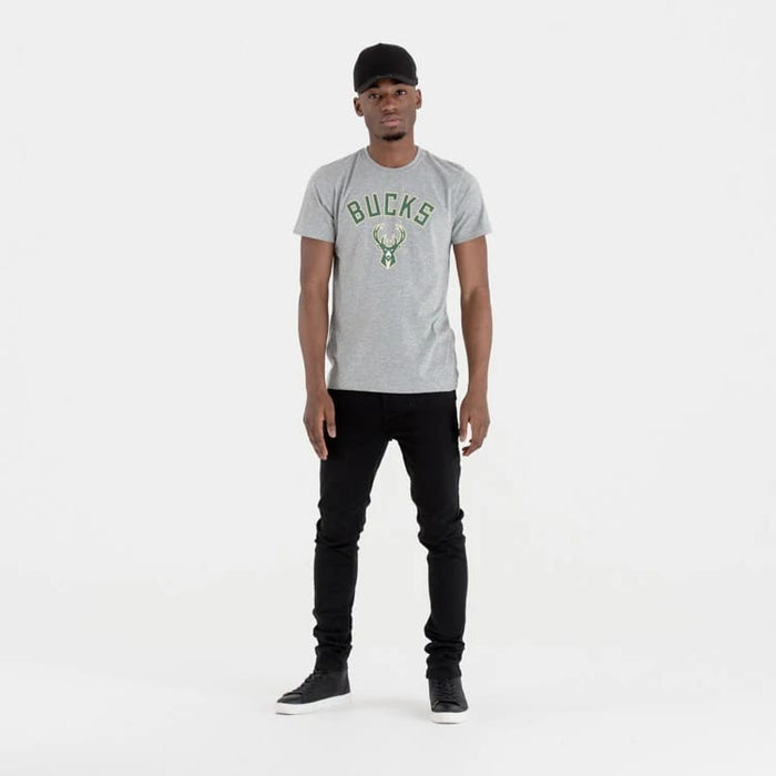 The Male model is wearing Milwaukee Bucks NBA Regular Grey T-Shirt 1