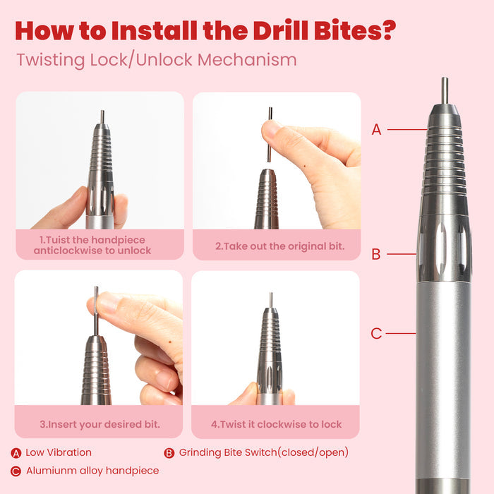 How to install drill bits twist anticlockwise unlock take out insert twist clockwise lock aluminum alloy handpiece tutorial