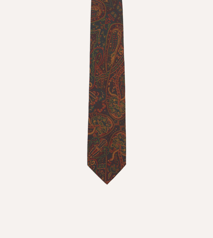 Navy and Burgundy Floral Paisley Print Silk Self Tipped Tie
