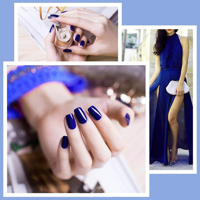 Navy blue manicure lifestyle collage - short square nails with gold perfume bottle, elegant party look with blue dress