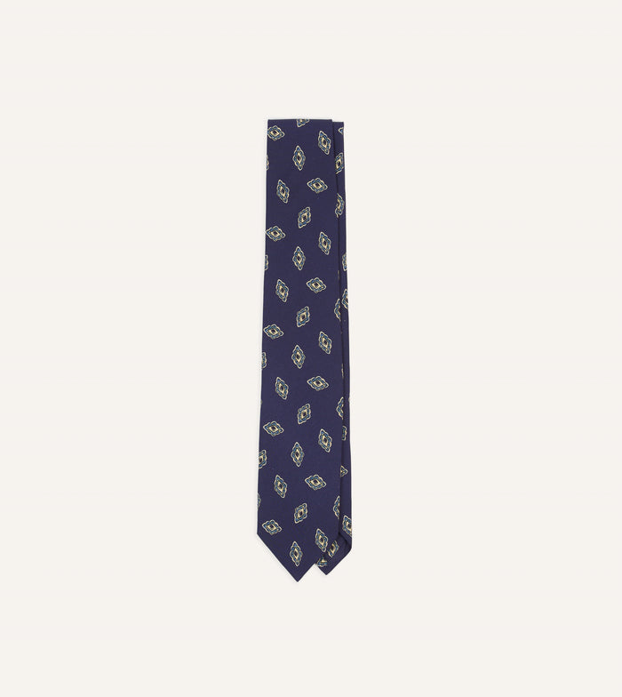 Navy Diamond Flower Print Silk Self-Tipped Tie