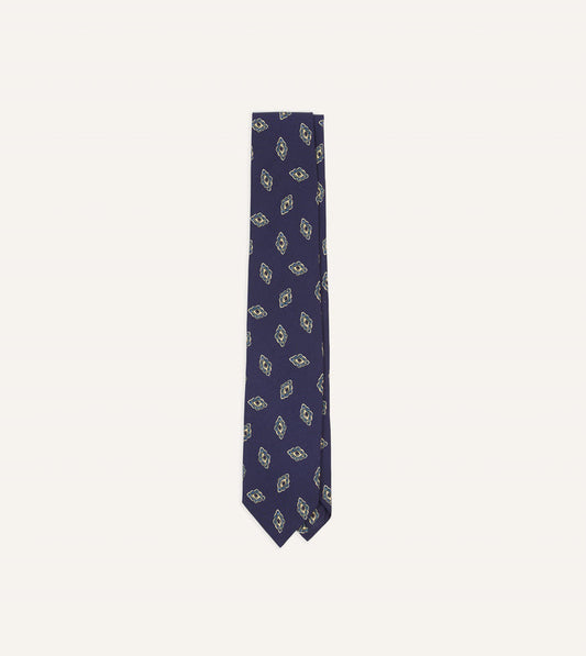 Navy Diamond Flower Print Silk Self-Tipped Tie