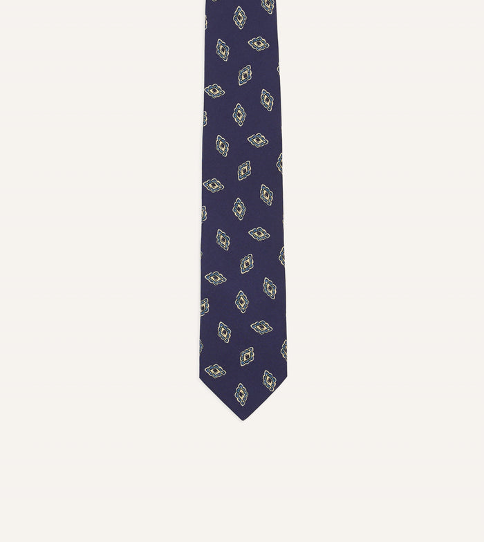 Navy Diamond Flower Print Silk Self-Tipped Tie