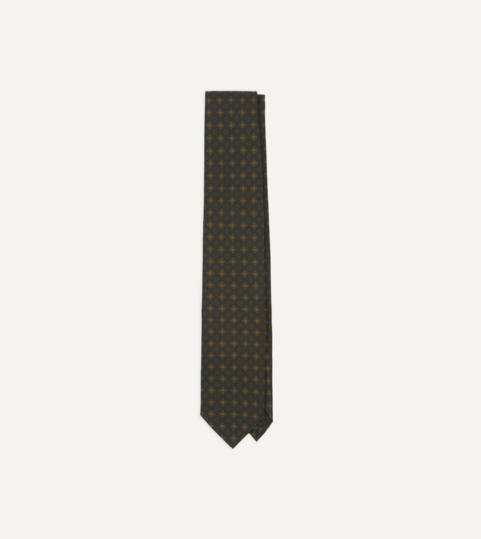 Navy Square Floral Medallion Print Wool-Silk Self Tipped Tie