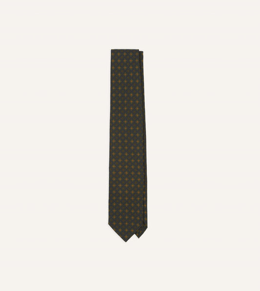 Navy Square Floral Medallion Print Wool-Silk Self Tipped Tie
