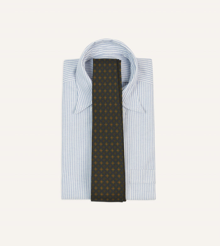 Navy Square Floral Medallion Print Wool-Silk Self Tipped Tie