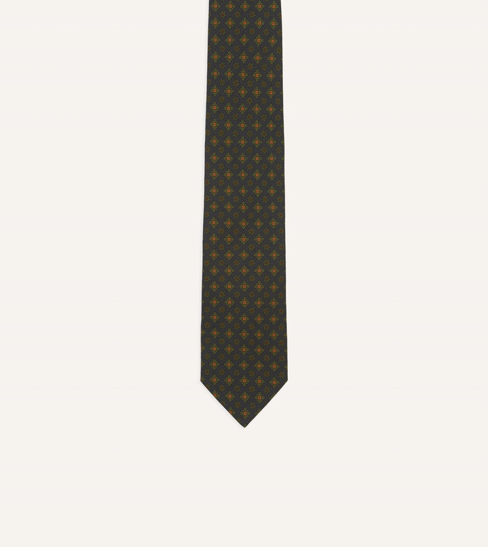 Navy Square Floral Medallion Print Wool-Silk Self Tipped Tie