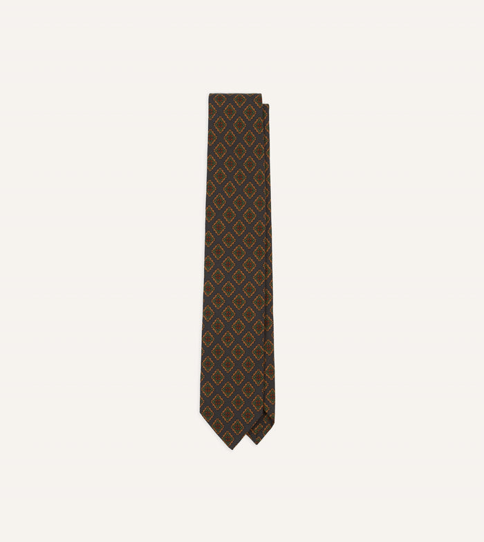 Navy Square Flower Medallion Print Wool-Silk Self Tipped Tie