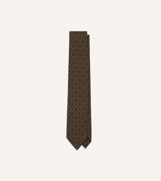 Navy Square Flower Medallion Print Wool-Silk Self Tipped Tie
