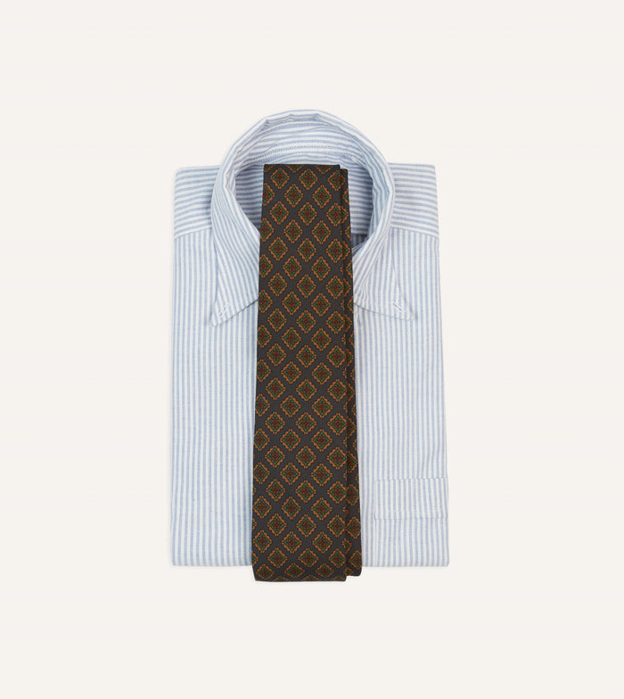 Navy Square Flower Medallion Print Wool-Silk Self Tipped Tie