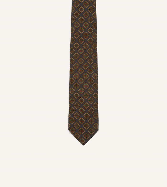 Navy Square Flower Medallion Print Wool-Silk Self Tipped Tie