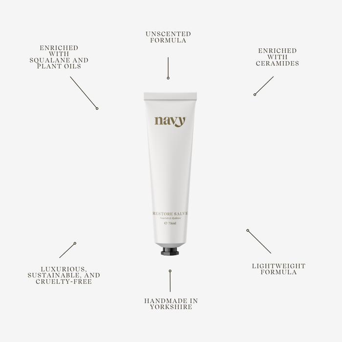 White tube of 'navy' balm with text highlighting features on a white background