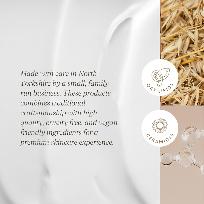 Skincare product packaging with text about craftsmanship and ingredients, featuring Oat Lipids and Ceramides logos.