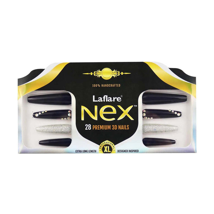 LAFLARE Nex 28 premium 3D black and silver rhinestone coffin nails in box extra long coffin nail tips