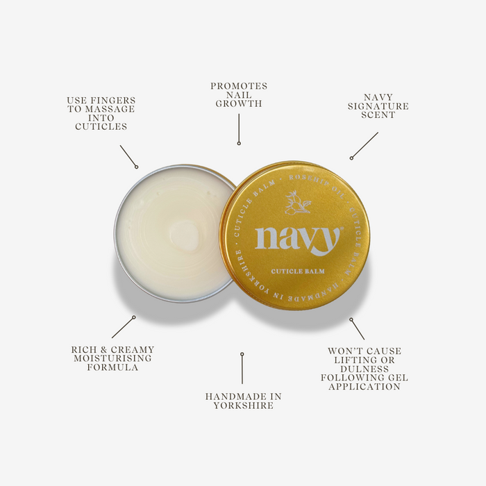 Cuticle balm in gold tin. Promotes nail growth. Handmade in Yorkshire. Moisturising.