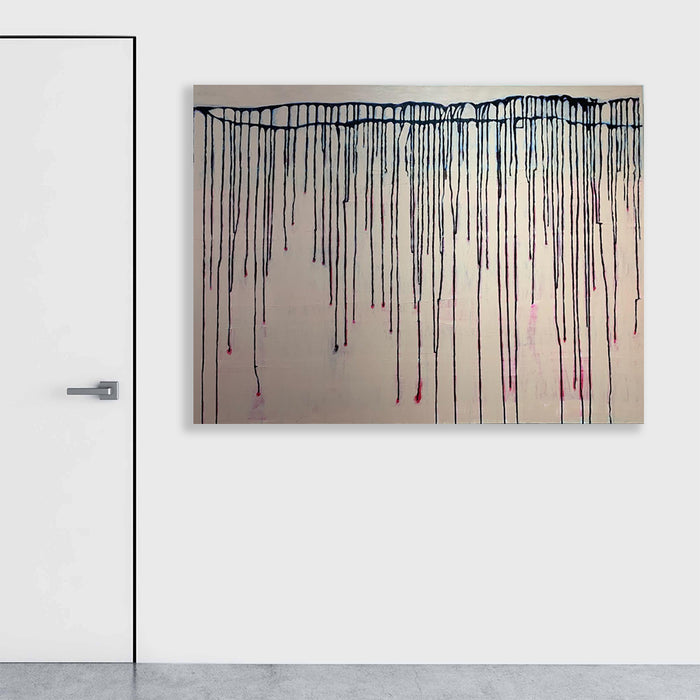 The artwork 'Nude and Black' by Camilla Webster features dramatic vertical drip lines in black paint cascading down a neutral nude canvas, creating a striking contrast and sense of movement. The abstract composition showcases controlled paint drips with varying lengths and thicknesses against a warm beige background. Acrylic on canvas, 36x48 inches.