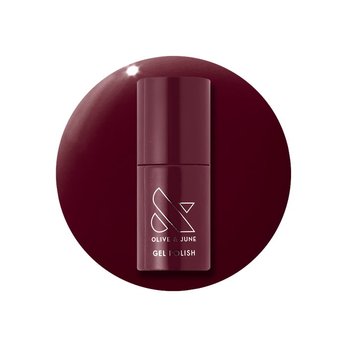 Obsessed - Gel bottle displayed in deep dark ruby red for a rich, long-lasting gel polish manicure by Olive and June