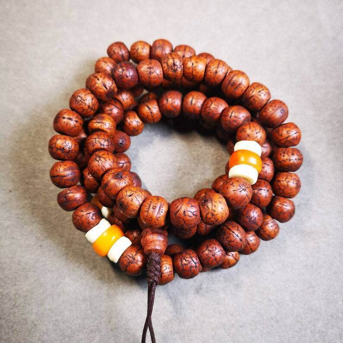 Old 108 Bodhi Beads Mala,13mm Prayer Beads for Meditation - Tibetan Buddhist mala beads, front view